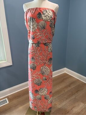 BOSTON PROPER Coral Shell Strapless Maxi Dress Blouson Size M